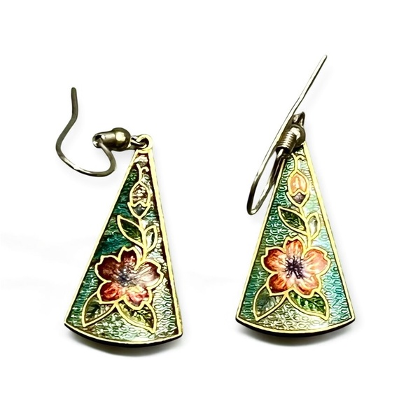 Vintage Late 20th-Century Cloisonné Triangle Drop Earrings - Picture 4 of 4